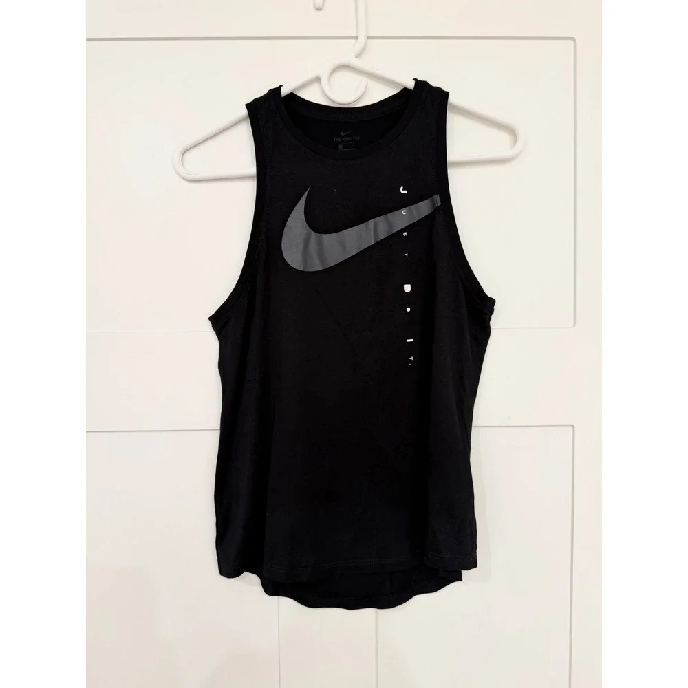 Nike Dri-FIT Womens Black Graphic Tank Top Just Do It Swoosh Size Small